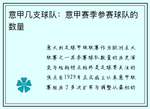 意甲几支球队：意甲赛季参赛球队的数量